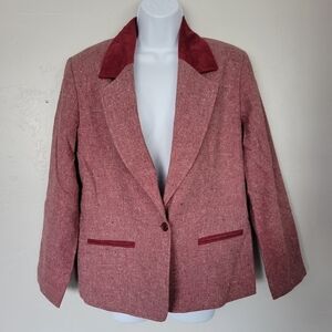 Pykettes Vintage Women's 12 Red Textured Blazer Suede Collar 10% Wool Blend Work